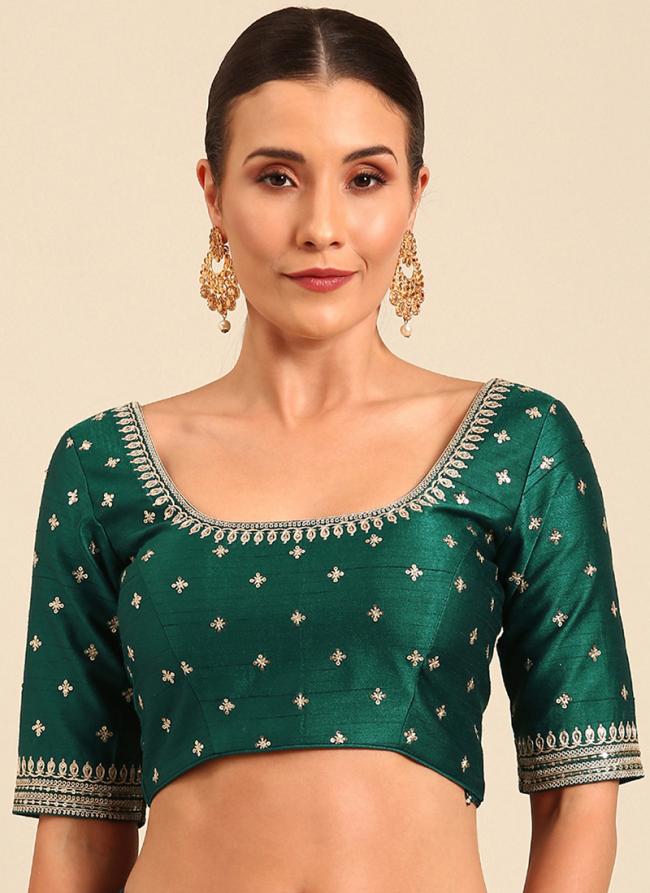 Raw Silk Green Traditional Wear Embroidery Work Blouse